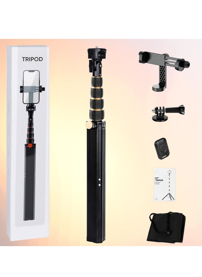 Generic - 1.7m Tripod for iPhone, Extendable Stand with Remote Control, 360° Rotating Phone Holder, Sturdy Aluminum Selfie Stick with Wide Legs and Thicker Tube, Gold Locking Knobs - Image 1