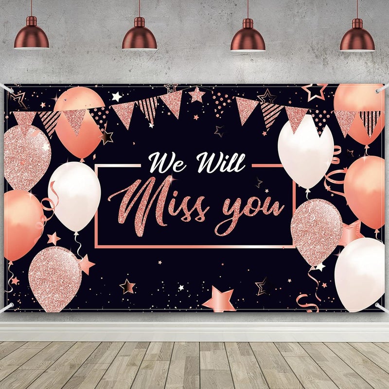 ARS We Will Miss You Party Decorations, Extra Large Going Away Backdrop Miss You Photography Background Banner for Farewell Anniversary Retirement Graduation Party (Rose Gold) - Image 1