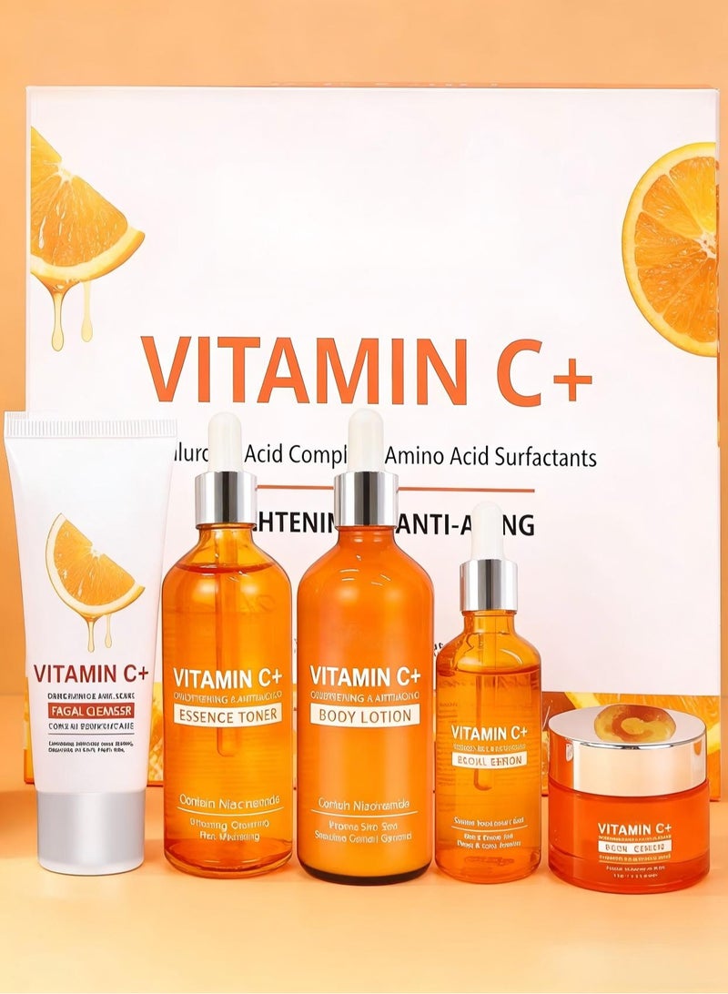 Vitamin C Whitening Gift Set (including 100g Facial Cleanser, 100ml Toner, 50ml Essence, 100ml Lotion, 50g Face Cream), a Gift for Women's Birthday, Party, Wedding, Ramadan, Valentine's Day - Image 1
