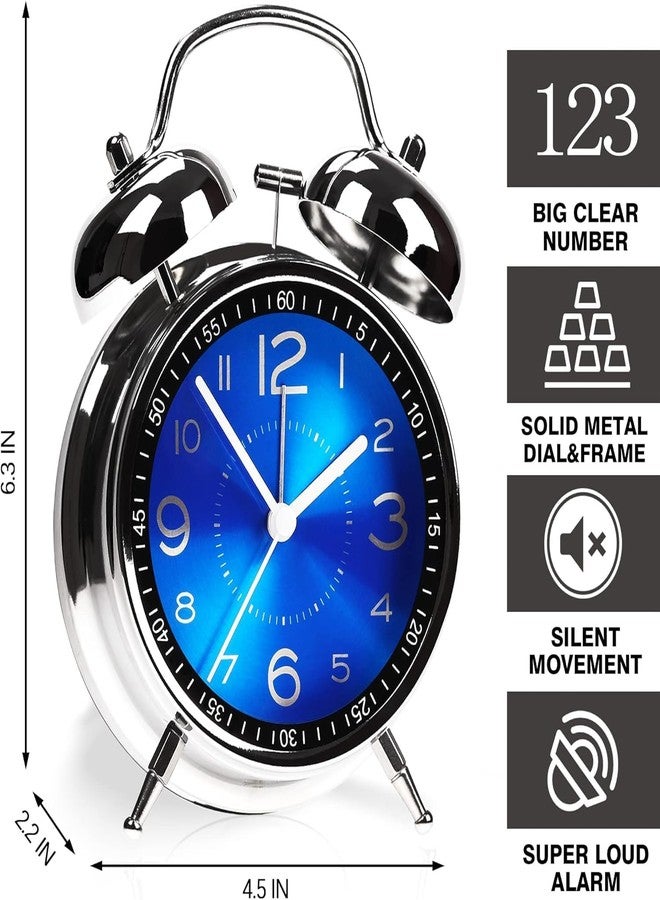 RUCON Super Loud Alarm Clock for Heavy Sleepers Adults, Twin Bell Retro Design, 4 Inch Silent Non-Ticking Quartz with Backlight, Metal Dial, Perfect for Bedrooms and Bedside (Blue) - Image 2