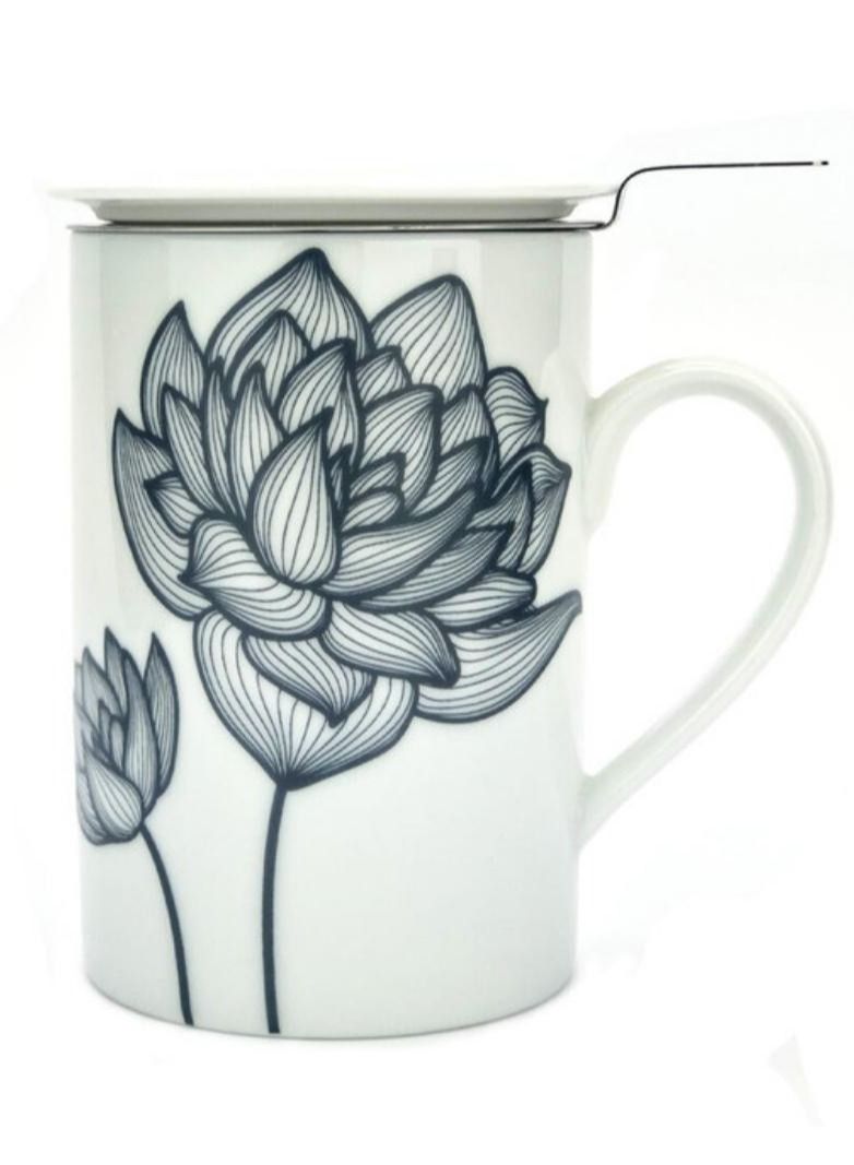 Tealand Microwave Safe Fine Porcelain Blue Lotus Mug with Lid And infuser for Loose Leaf Tea (0.2L)  - Image 1