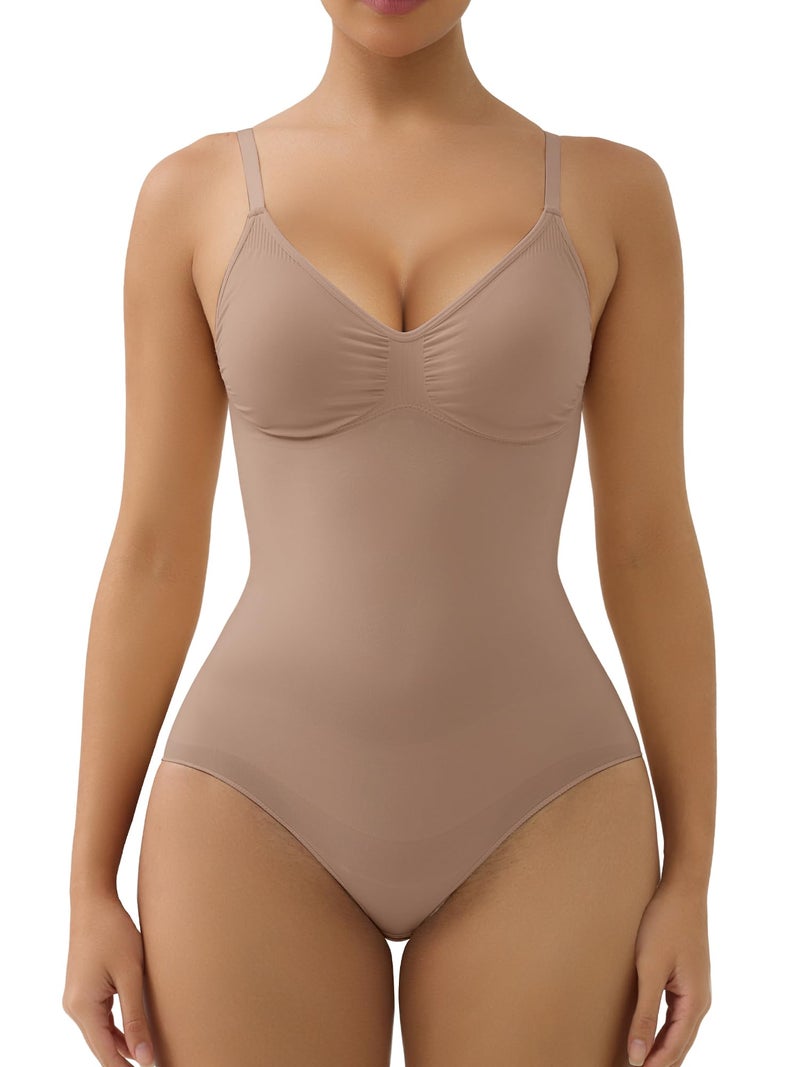 SHAPERX Women's Seamless Bodysuits Tummy Control Shapewear Briefs Body Shaper with Removable Pads,SZ5433-Sienna-S/M - Image 1