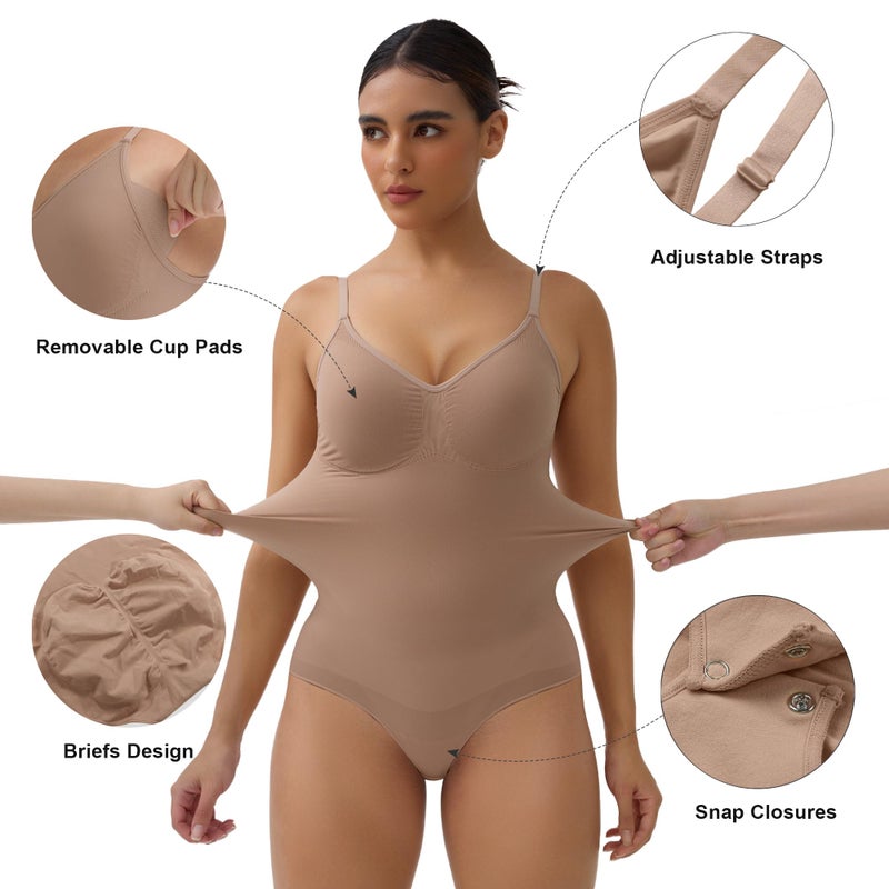 SHAPERX Women's Seamless Bodysuits Tummy Control Shapewear Briefs Body Shaper with Removable Pads,SZ5433-Sienna-S/M - Image 5