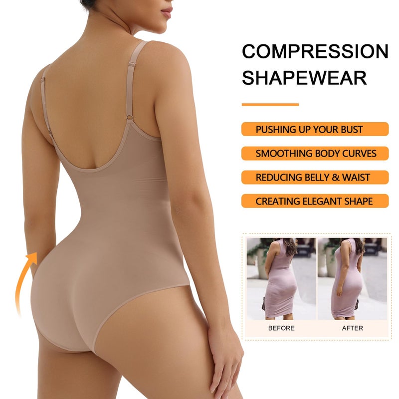 SHAPERX Women's Seamless Bodysuits Tummy Control Shapewear Briefs Body Shaper with Removable Pads,SZ5433-Sienna-S/M - Image 4