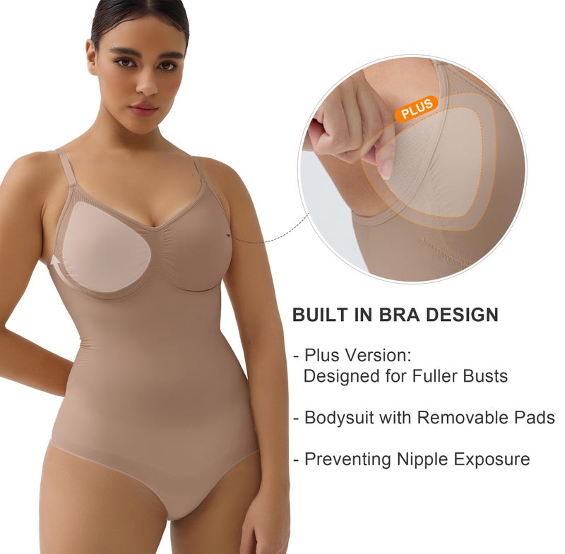 SHAPERX Women's Seamless Bodysuits Tummy Control Shapewear Briefs Body Shaper with Removable Pads,SZ5433-Sienna-S/M - Image 2