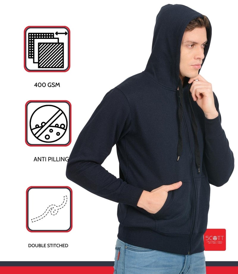 Scott International Men's Solid Cotton Zipper Hoodie Sweatshirt for Gym Warm Travel Pullover with Hood and Pockets Stylish Winter Wear Navy Blue - Image 4