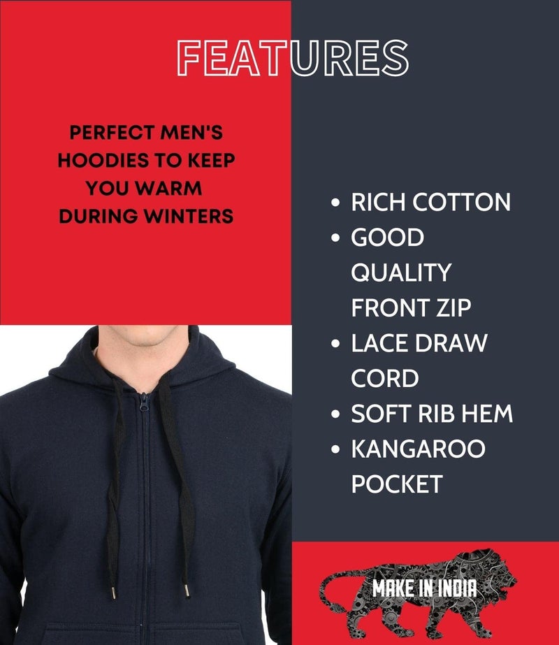 Scott International Men's Solid Cotton Zipper Hoodie Sweatshirt for Gym Warm Travel Pullover with Hood and Pockets Stylish Winter Wear Navy Blue - Image 3