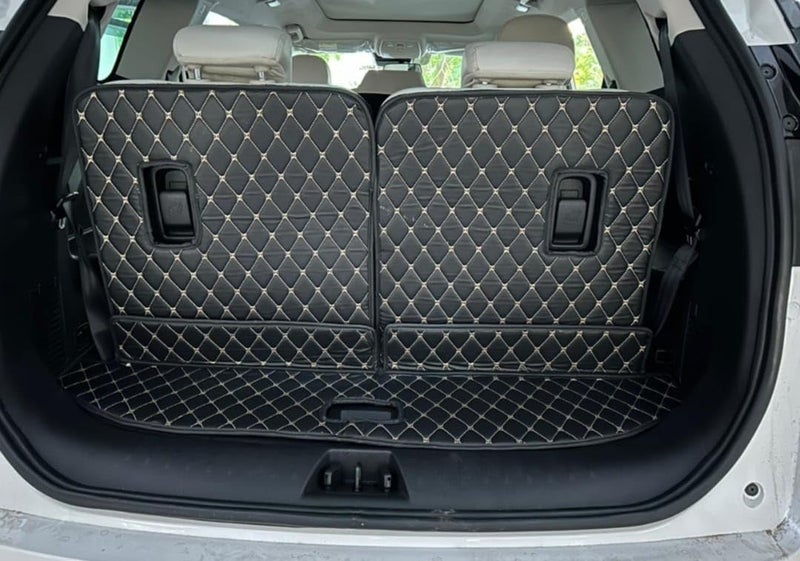 CAPDELL 7D Premium Car Boot/Trunk Mat Compatible with Tata Safari(2020-23) 6 Seater ||Luxury Leatherite Boot Mat||Set of 3pcs||Waterproof and Washable||Colour:-Black with Golden