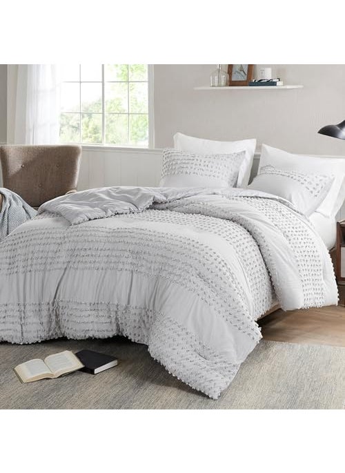 Comfort Spaces Comfort Spaces Cotton Comforter Set Jacquard PomPom Tufts Design Down Alternative All Season Modern Bedding Matching Shams FullQueen Phillips Grey 3 Piece 