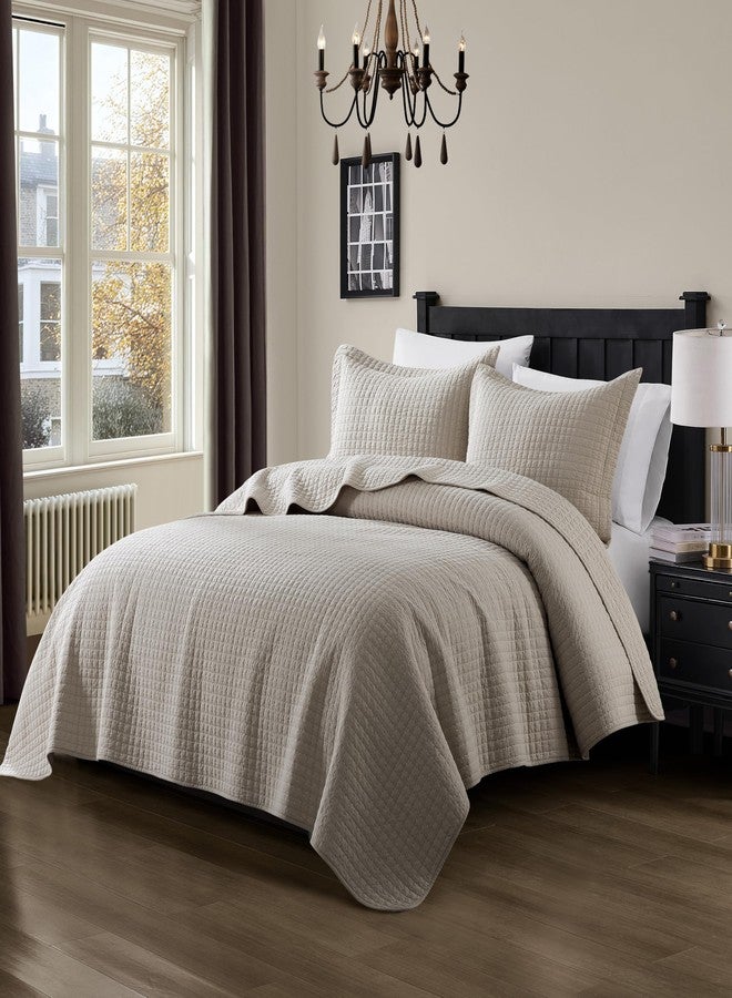 WDCOZY 100% Cotton King Size Quilt Set - Beige Box Pick Stitch Soft Lightweight Bedspread, Textured Like Linen, Farmhouse Country Rustic Coverlet, Shabby Chic Gauze Bedding, 3 Pieces - Image 2