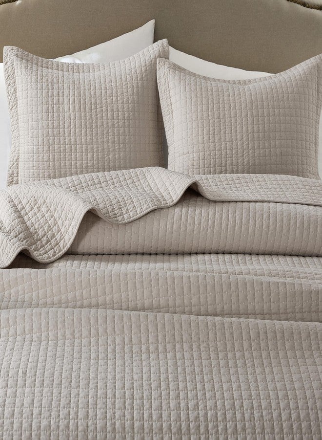 WDCOZY 100% Cotton King Size Quilt Set - Beige Box Pick Stitch Soft Lightweight Bedspread, Textured Like Linen, Farmhouse Country Rustic Coverlet, Shabby Chic Gauze Bedding, 3 Pieces - Image 3