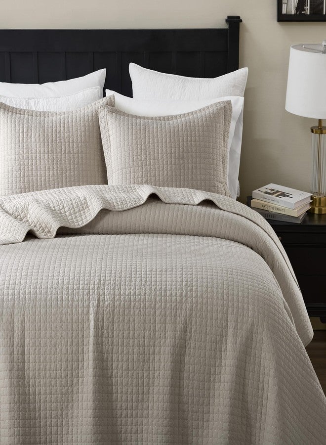 WDCOZY 100% Cotton King Size Quilt Set - Beige Box Pick Stitch Soft Lightweight Bedspread, Textured Like Linen, Farmhouse Country Rustic Coverlet, Shabby Chic Gauze Bedding, 3 Pieces - Image 4