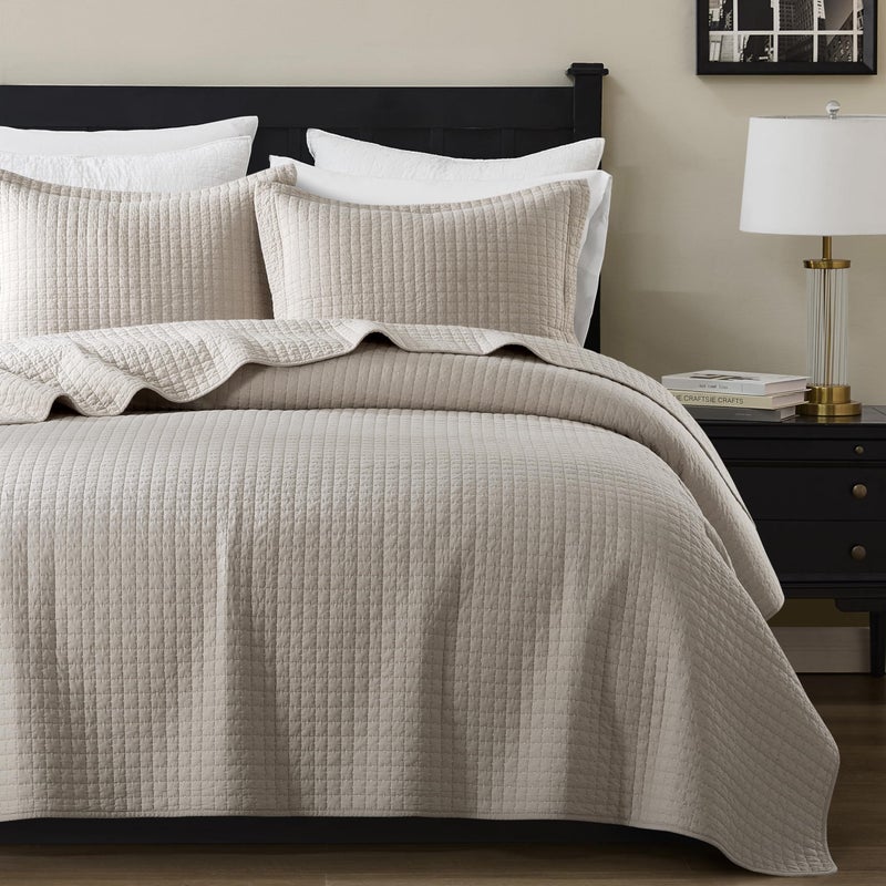 WDCOZY 100% Cotton King Size Quilt Set - Beige Box Pick Stitch Soft Lightweight Bedspread, Textured Like Linen, Farmhouse Country Rustic Coverlet, Shabby Chic Gauze Bedding, 3 Pieces - Image 1