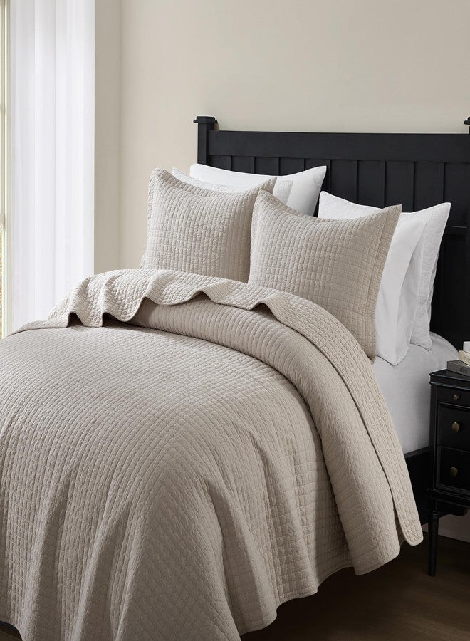 WDCOZY 100% Cotton King Size Quilt Set - Beige Box Pick Stitch Soft Lightweight Bedspread, Textured Like Linen, Farmhouse Country Rustic Coverlet, Shabby Chic Gauze Bedding, 3 Pieces - Image 5