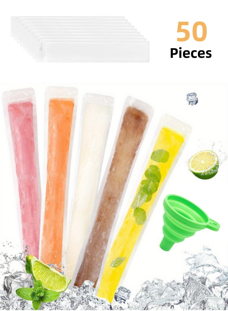Mmmon 50 Pcs Disposable Ice Popsicle Mold Bags Freezer Tubes With Zip Seals for Kids Healthy Snacks, Yogurt Sticks, Juice & Fruit Smoothies, Ice Candy Pops Comes With a Funnel  - Image 1