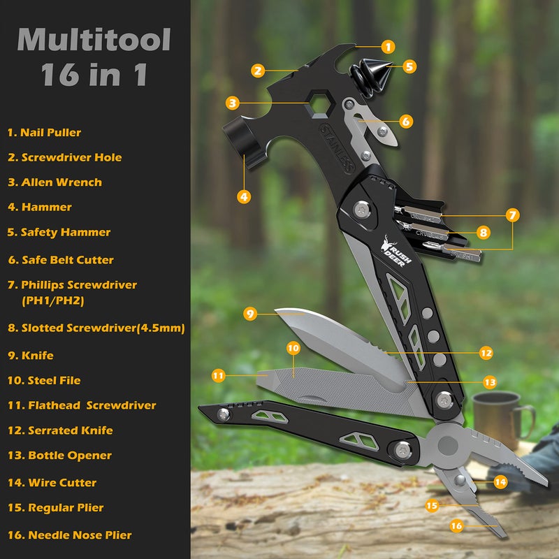 RUSH DEER 16-in-1 Multitool, Gifts for Dad, Hammer Multi tool, Utility Knife Multitools for Men, Survival Gear and Supplies, Christmas Gift for Boy Husbands - Image 3
