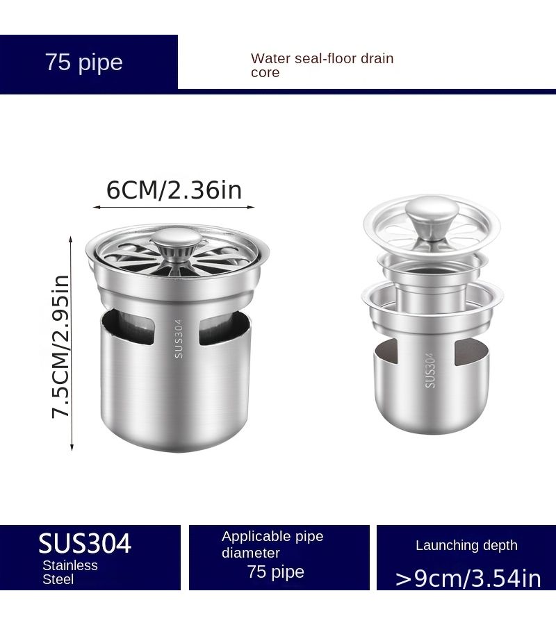 304 Stainless Steel Floor Drain Filter with 236 Inch Diameter Self Sealing Core Anti Odor Insect Proof For Bathroom Toilet - Image 1