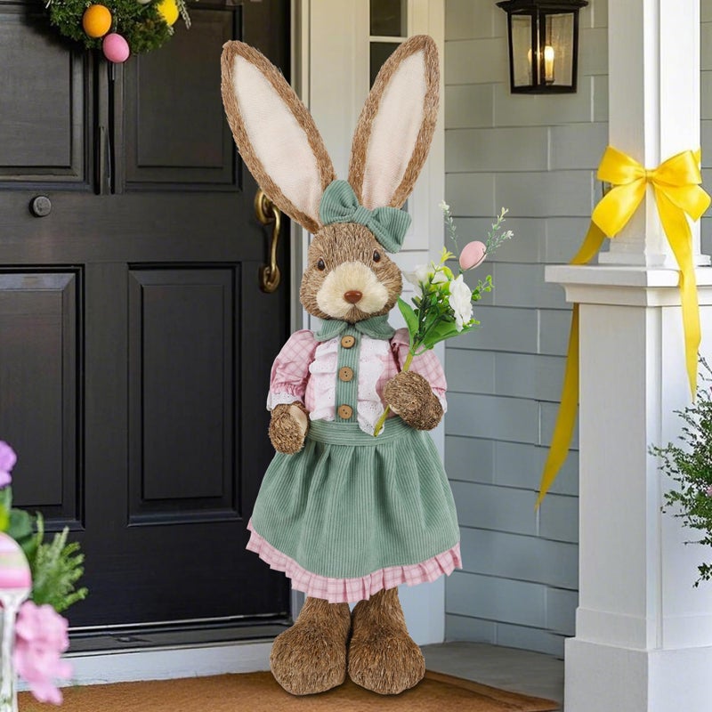 DR.DUDU Easter Bunny Decor, 2.7 FT Large Sisal Rabbit Outdoor Decorations with Flowers for Porch, Tall Standing Easter Bunnies Statue Topiary for Home Indoor Farmhouse Spring Decor - Image 1