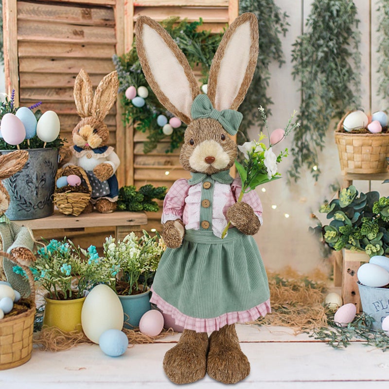 DR.DUDU Easter Bunny Decor, 2.7 FT Large Sisal Rabbit Outdoor Decorations with Flowers for Porch, Tall Standing Easter Bunnies Statue Topiary for Home Indoor Farmhouse Spring Decor - Image 4