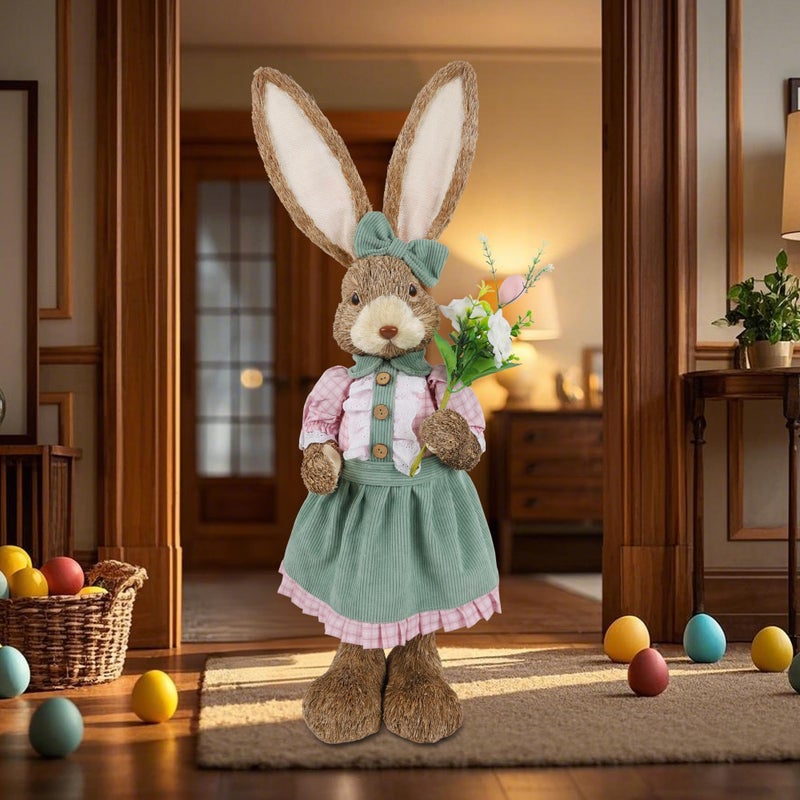 DR.DUDU Easter Bunny Decor, 2.7 FT Large Sisal Rabbit Outdoor Decorations with Flowers for Porch, Tall Standing Easter Bunnies Statue Topiary for Home Indoor Farmhouse Spring Decor - Image 5