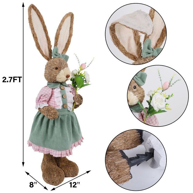 DR.DUDU Easter Bunny Decor, 2.7 FT Large Sisal Rabbit Outdoor Decorations with Flowers for Porch, Tall Standing Easter Bunnies Statue Topiary for Home Indoor Farmhouse Spring Decor - Image 3