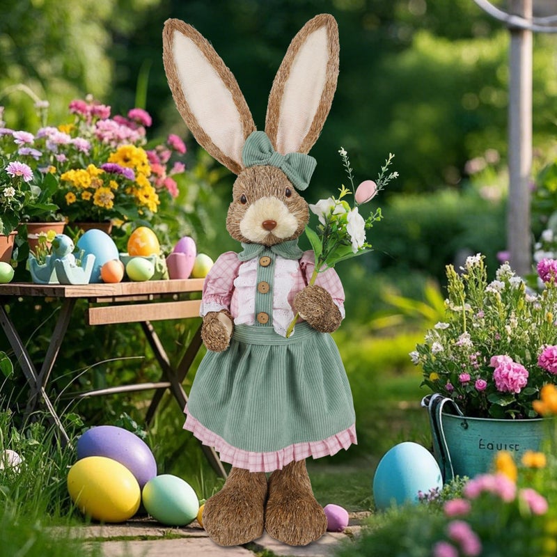 DR.DUDU Easter Bunny Decor, 2.7 FT Large Sisal Rabbit Outdoor Decorations with Flowers for Porch, Tall Standing Easter Bunnies Statue Topiary for Home Indoor Farmhouse Spring Decor - Image 2