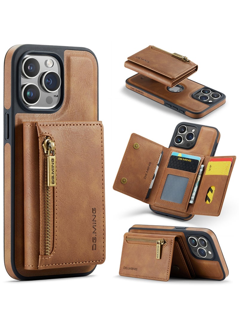 DGMING CaseMe Wallet Case for iPhone 15 Pro MAX DGMING Premium Leather Phone Case Back Cover Magnetic Detachable with Trifold Wallet Card Holder Pocket - Brown - Image 1