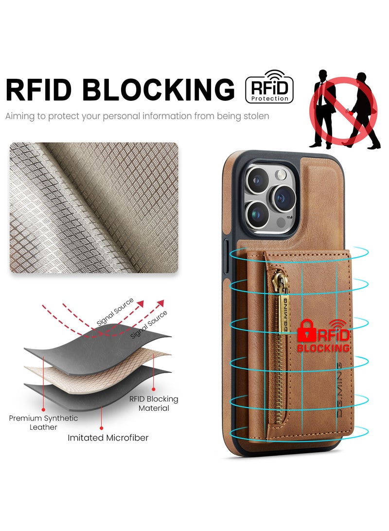 DGMING CaseMe Wallet Case for iPhone 15 Pro MAX DGMING Premium Leather Phone Case Back Cover Magnetic Detachable with Trifold Wallet Card Holder Pocket - Brown - Image 2