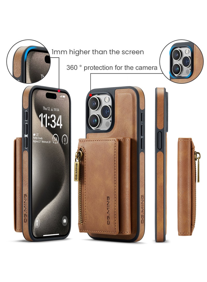 DGMING CaseMe Wallet Case for iPhone 15 Pro MAX DGMING Premium Leather Phone Case Back Cover Magnetic Detachable with Trifold Wallet Card Holder Pocket - Brown - Image 3
