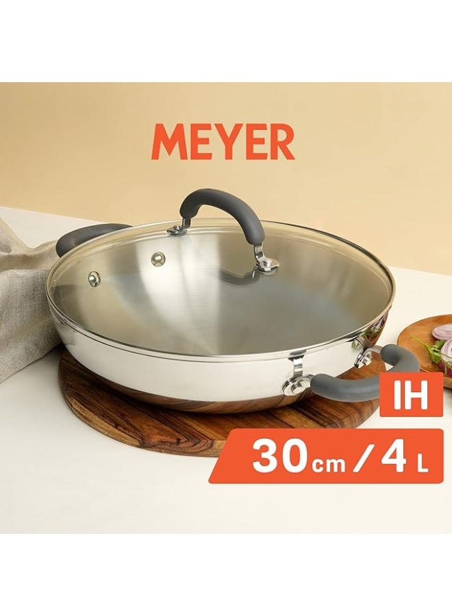 Meyer Nickel Free Stainless Steel Cookware Set | Triply Base Kadai with Glass Lid (30cm/4L) & Serving Spoon | Induction & Gas Compatible, Silver - Image 3