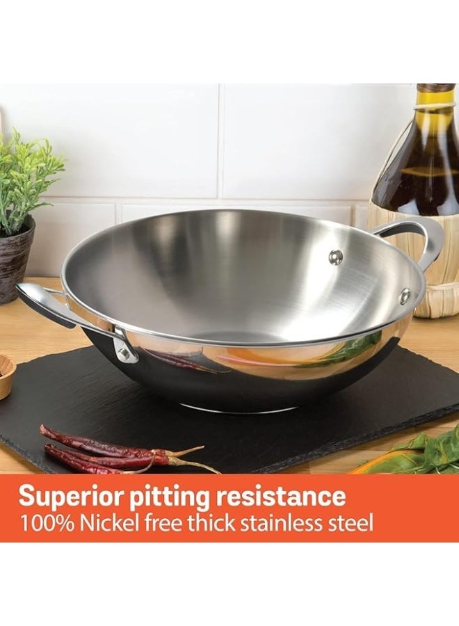 Meyer Nickel Free Stainless Steel Cookware Set | Triply Base Kadai with Glass Lid (30cm/4L) & Serving Spoon | Induction & Gas Compatible, Silver - Image 2