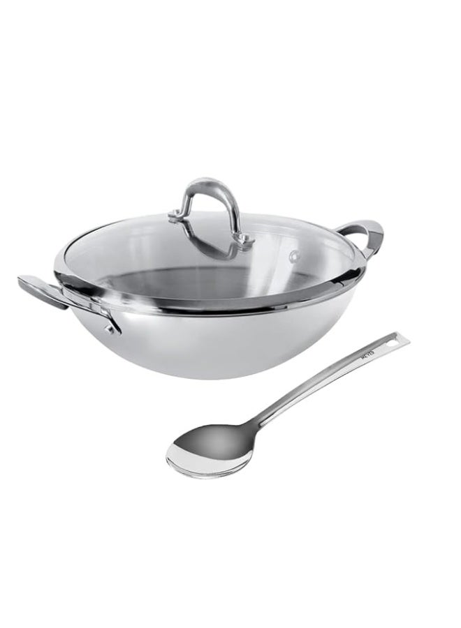 Meyer Nickel Free Stainless Steel Cookware Set | Triply Base Kadai with Glass Lid (30cm/4L) & Serving Spoon | Induction & Gas Compatible, Silver - Image 1