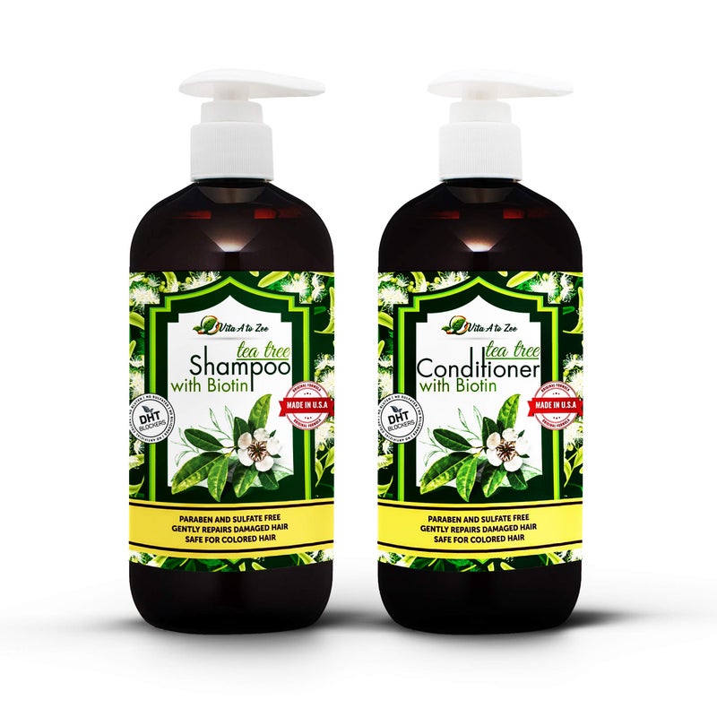Vita A to Zee Tea Tree Oil Biotin Shampoo Conditioner Set for Men Women Professional Strength Formula Refreshes Stimulates Hair Scalp Moisturizing Conditioning Anti Hair Loss with DHT Blockers