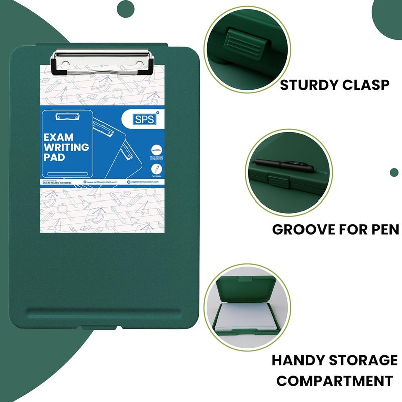 sps Exampad A4 Plastic Clipboard with Built-in Storage and Pen Holder - Ideal for School, Office, Travel - Perfect for Students and Professionals, School and Office - Green - Image 4