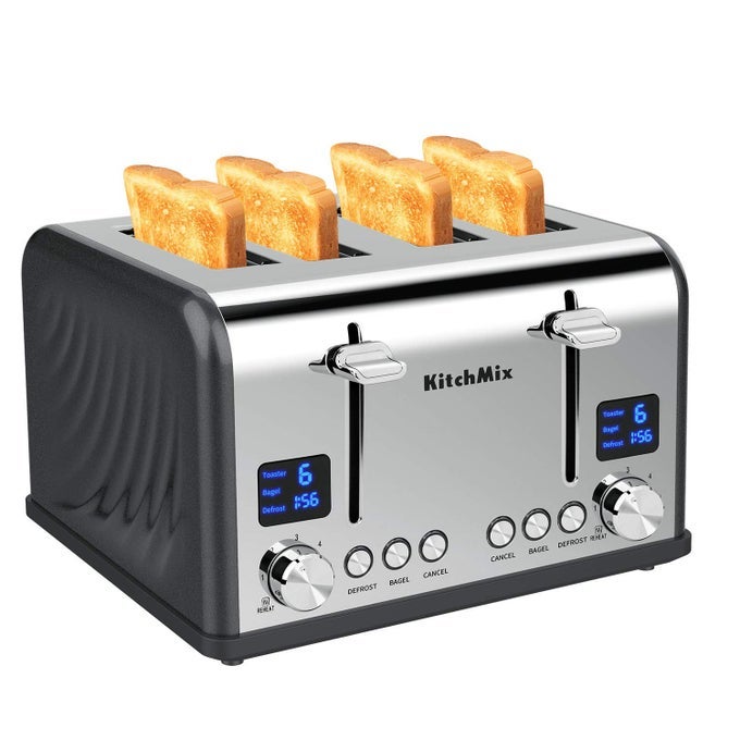 TOASTER 4 SLICE BAGEL STAINLESS TOASTER WITH LCD TIMER EXTRA WIDE SLOTS DUAL SCREEN REMOVAL CRUMB TRAY GRAY