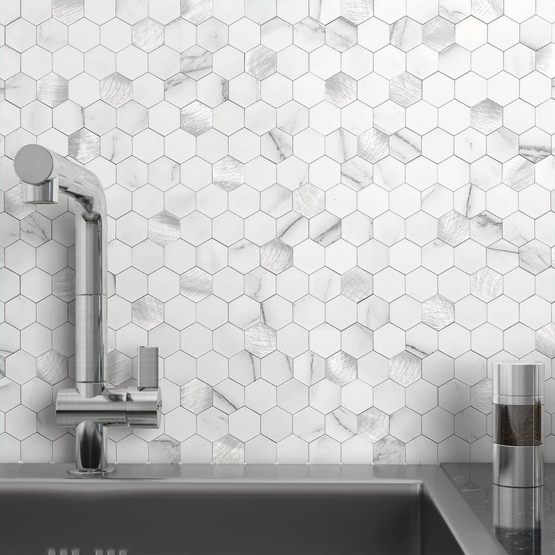 M MOFIT MOFIT Hexagon Peel and Stick Backsplash Tiles Kitchen,Self-Adhesive Metal and Marble Honeycomb Peel and Stick Wall Tiles Sticker Mosaic Heat Resistant(White Silver,10sheets) - Image 1