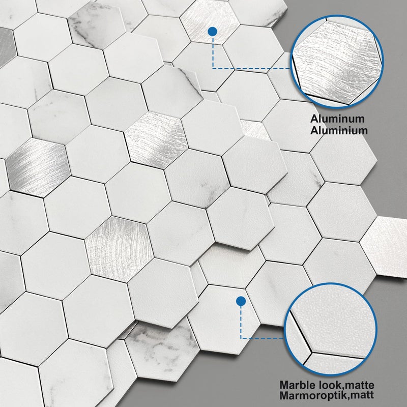 M MOFIT MOFIT Hexagon Peel and Stick Backsplash Tiles Kitchen,Self-Adhesive Metal and Marble Honeycomb Peel and Stick Wall Tiles Sticker Mosaic Heat Resistant(White Silver,10sheets) - Image 2