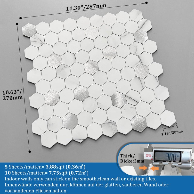 M MOFIT MOFIT Hexagon Peel and Stick Backsplash Tiles Kitchen,Self-Adhesive Metal and Marble Honeycomb Peel and Stick Wall Tiles Sticker Mosaic Heat Resistant(White Silver,10sheets) - Image 5
