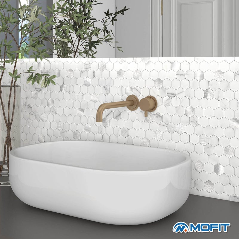 M MOFIT MOFIT Hexagon Peel and Stick Backsplash Tiles Kitchen,Self-Adhesive Metal and Marble Honeycomb Peel and Stick Wall Tiles Sticker Mosaic Heat Resistant(White Silver,10sheets) - Image 3
