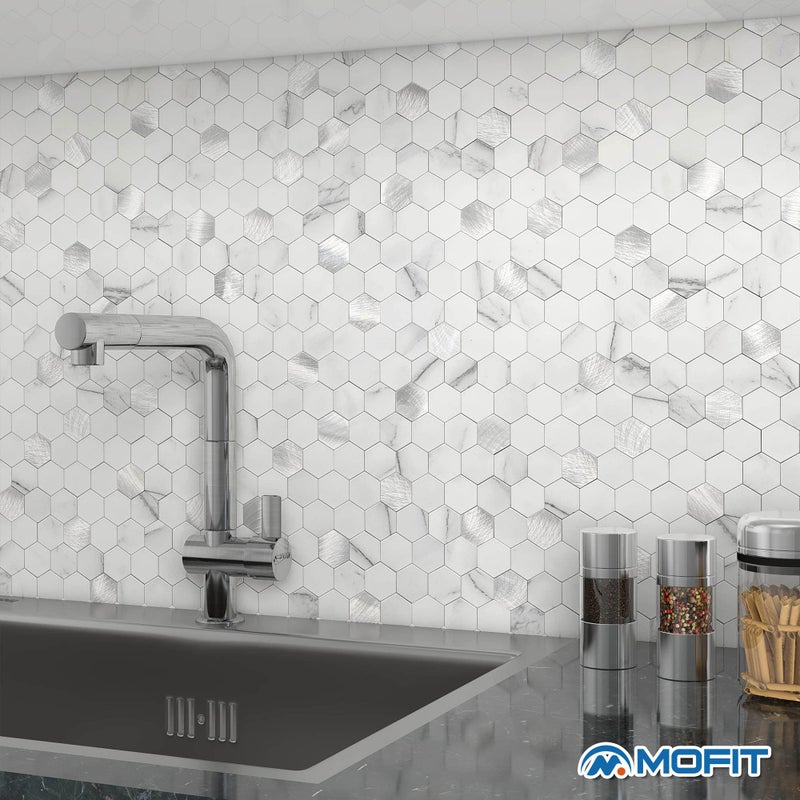 M MOFIT MOFIT Hexagon Peel and Stick Backsplash Tiles Kitchen,Self-Adhesive Metal and Marble Honeycomb Peel and Stick Wall Tiles Sticker Mosaic Heat Resistant(White Silver,10sheets) - Image 4