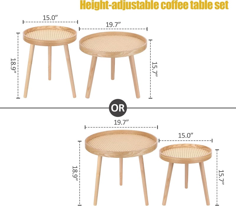 ZYBT Round Coffee Table Set of 2, Natural Boho Mid Century Modern Rattan Side Table End Tables for Living Room Bedroom Office Balcony - Image 3
