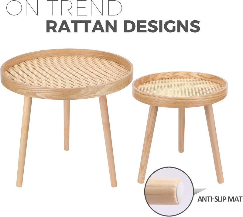ZYBT Round Coffee Table Set of 2, Natural Boho Mid Century Modern Rattan Side Table End Tables for Living Room Bedroom Office Balcony - Image 4