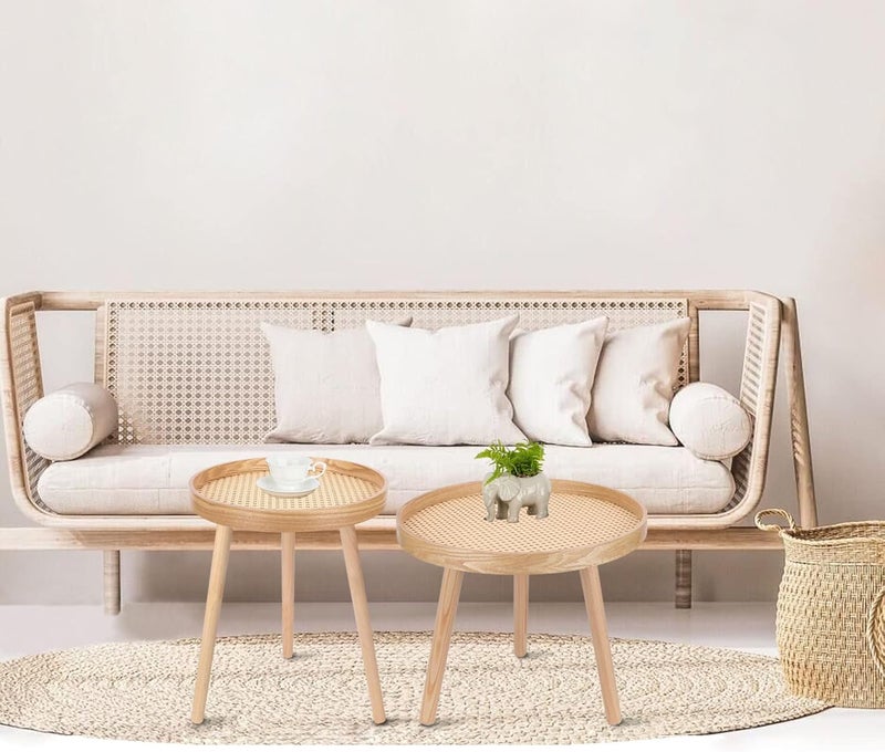 ZYBT Round Coffee Table Set of 2, Natural Boho Mid Century Modern Rattan Side Table End Tables for Living Room Bedroom Office Balcony - Image 2