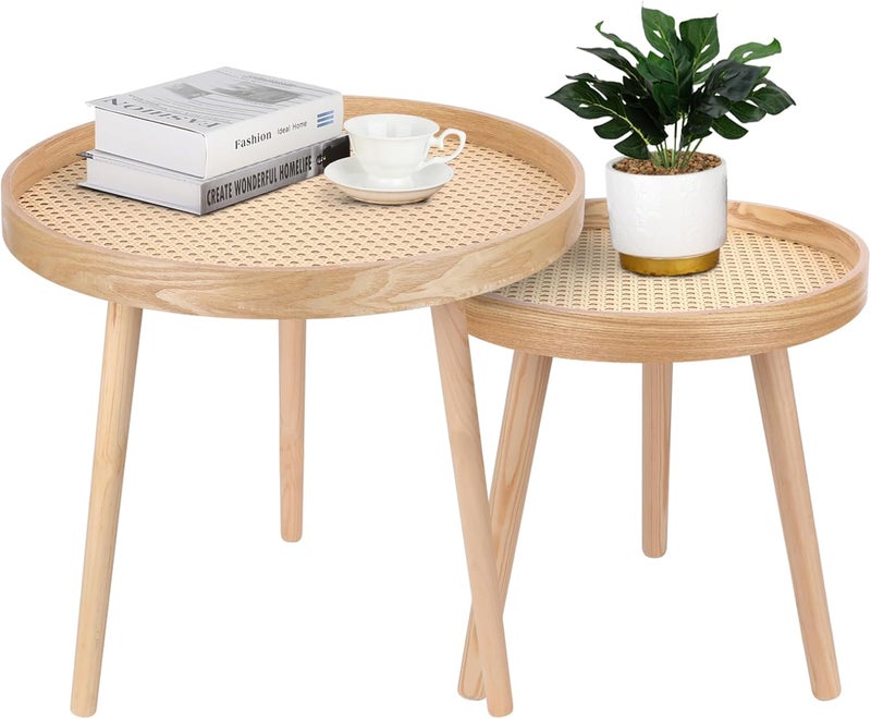 ZYBT Round Coffee Table Set of 2, Natural Boho Mid Century Modern Rattan Side Table End Tables for Living Room Bedroom Office Balcony - Image 1
