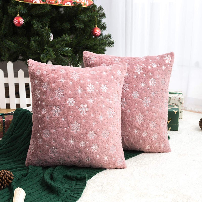 AQOTHES Soft Faux Fur Fuzzy Cute Decorative Throw Pillows Covers with Snowflake Glitter Printed Pillowcases for Christmas Decor Home Bed Room Sofa Chair Couch Pink 18x18 inch Pack of 2