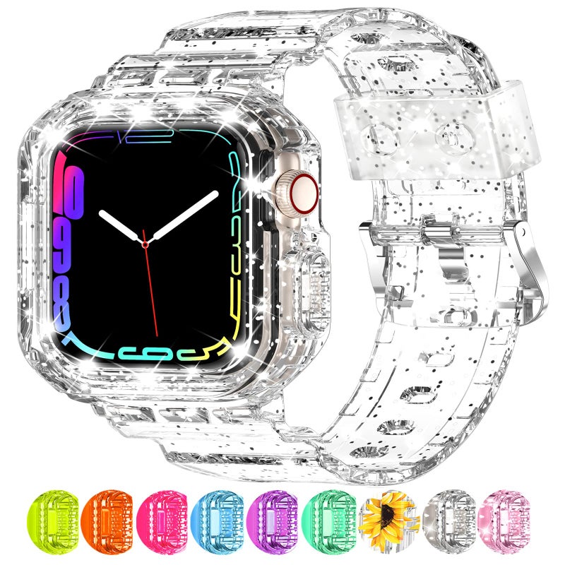 XYF Compatible for Crystal Clear Apple Watch Bands, 41mm 40mm 38mm Bumper Case for Men Women Jelly Sport Cover Strap for iWatch Ultra 3 2 Series 11 10 9 8 7 SE 6 5 4 3 (GlitterClear, 38/40/41) - Image 1