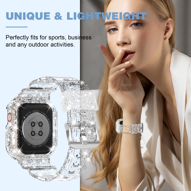 XYF Compatible for Crystal Clear Apple Watch Bands, 41mm 40mm 38mm Bumper Case for Men Women Jelly Sport Cover Strap for iWatch Ultra 3 2 Series 11 10 9 8 7 SE 6 5 4 3 (GlitterClear, 38/40/41) - Image 5