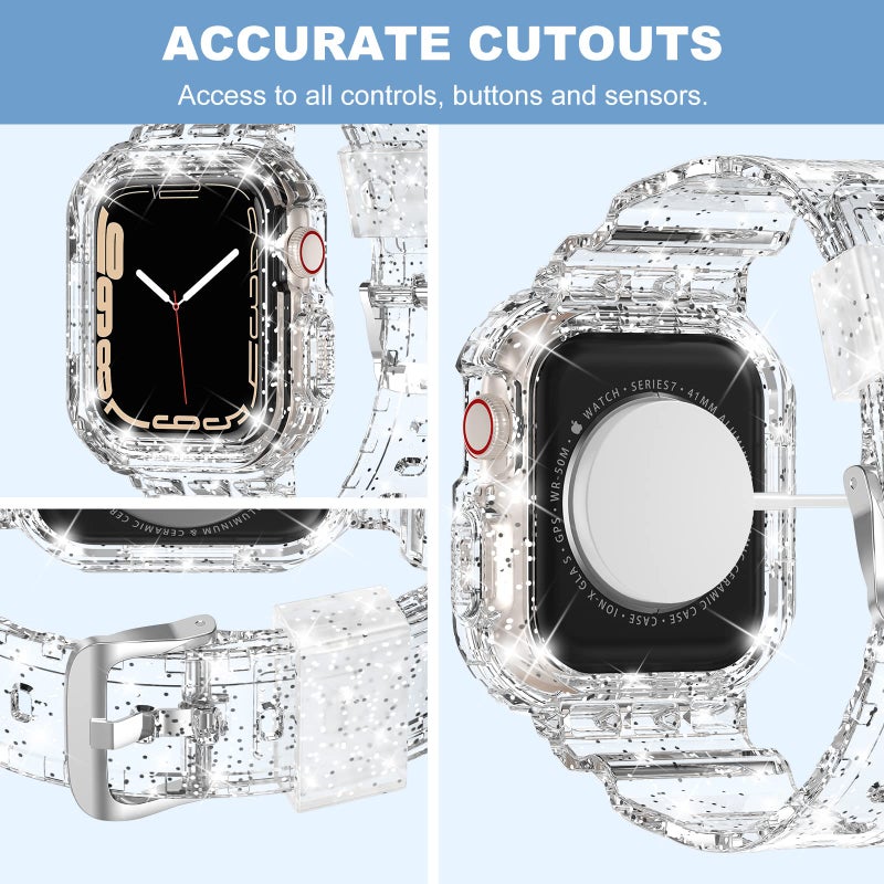 XYF Compatible for Crystal Clear Apple Watch Bands, 41mm 40mm 38mm Bumper Case for Men Women Jelly Sport Cover Strap for iWatch Ultra 3 2 Series 11 10 9 8 7 SE 6 5 4 3 (GlitterClear, 38/40/41) - Image 4