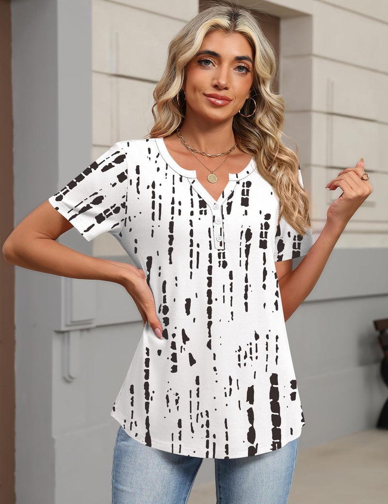 TCOT Women Tops and Blouses Spring Short Sleeve Button V Neck Business Casual Black White Pattern Pullover Shirts M - Image 2