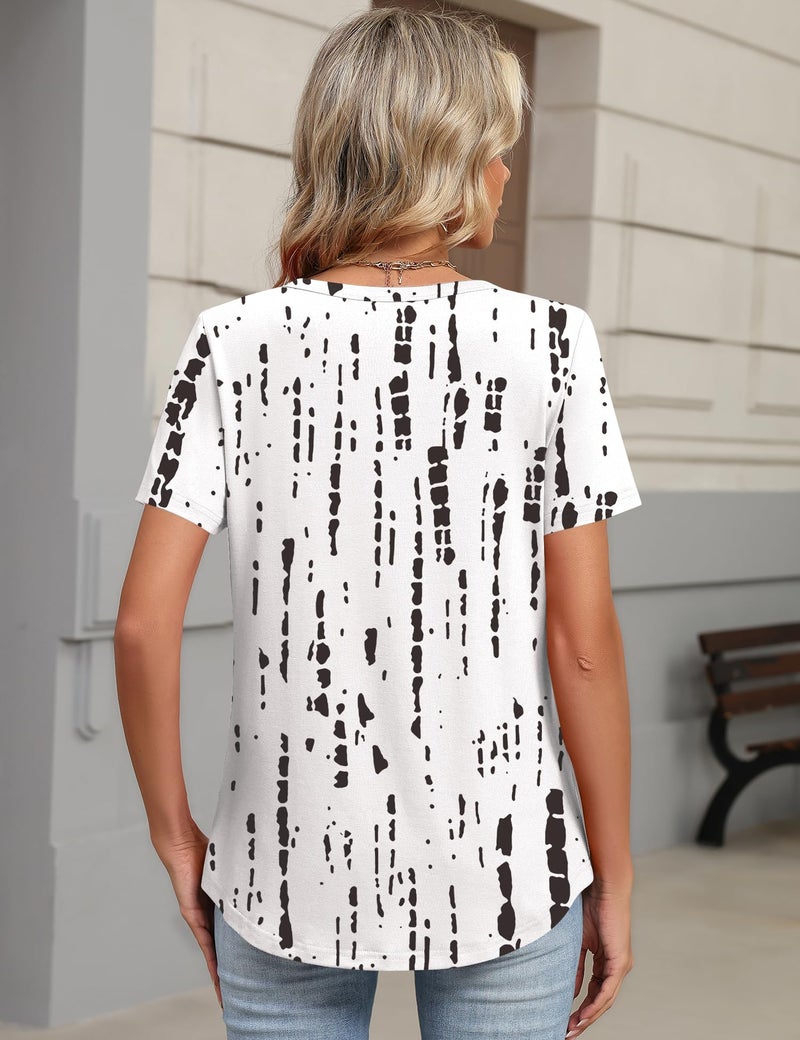 TCOT Women Tops and Blouses Spring Short Sleeve Button V Neck Business Casual Black White Pattern Pullover Shirts M - Image 3
